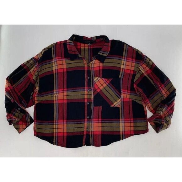 Sanctuary Plus Size Cropped Flannel Multicolor Plaid Puff‎ Sleeve Top Sz 2x Boho - Picture 3 of 10